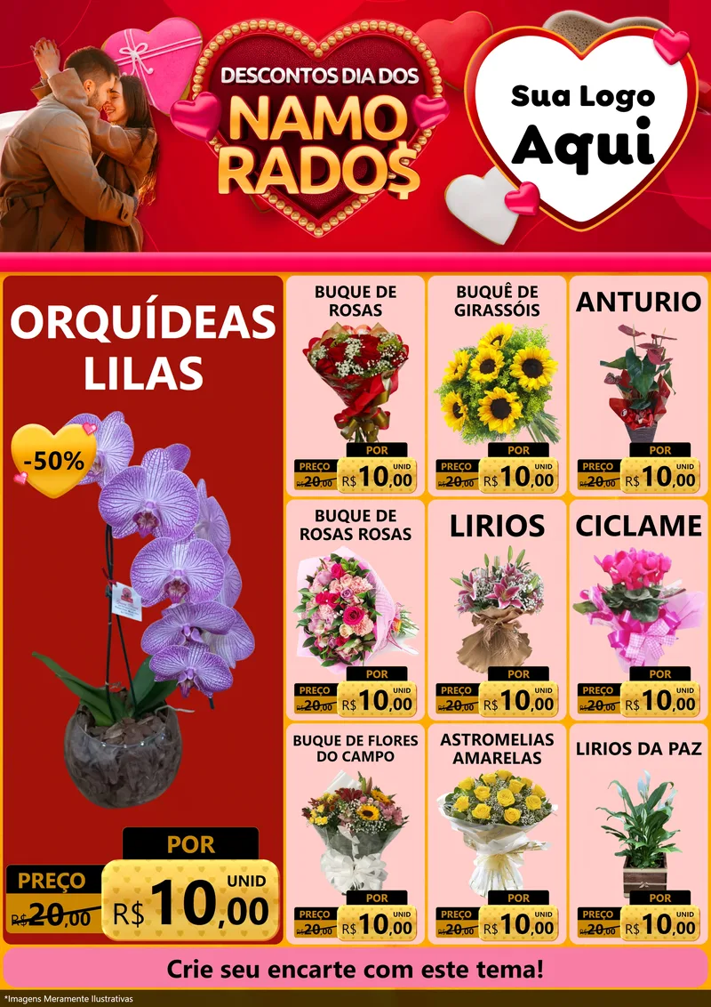 Modelo de Encarte para Encarte A4 Vertical com o tema Descontos Dia dos Namorados para Floricultura e jardim