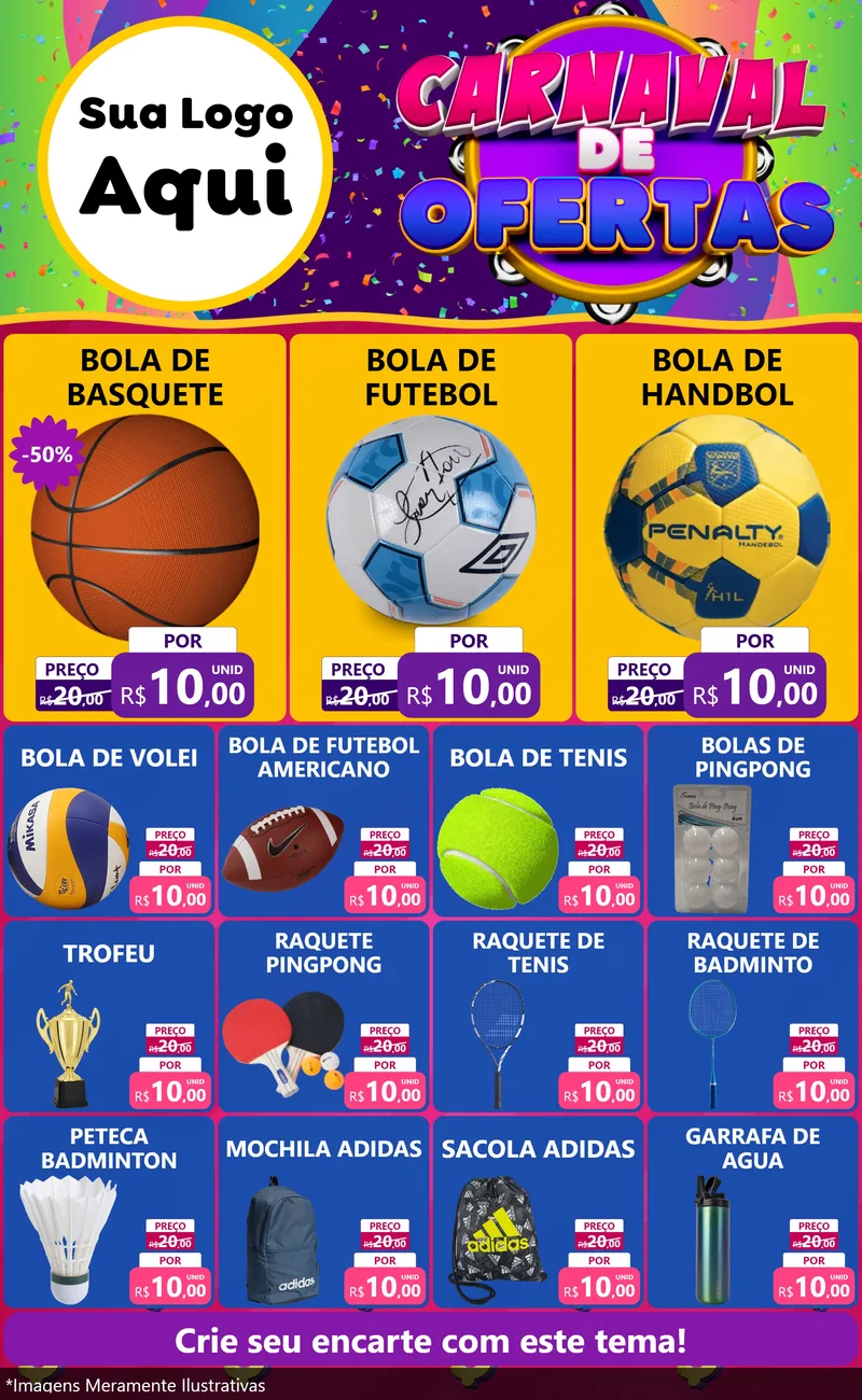 Modelo de Encarte para Encarte Grande com o tema Carnaval de Ofertas para Artigos Esportivos