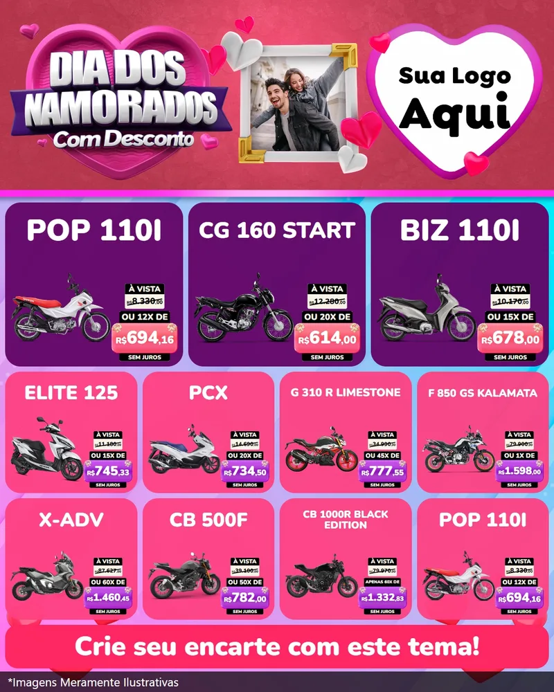 Modelo de Rede Social para Feed Instagram com o tema Dia Dos Namorados Com Desconto para Concessionaria de Motos