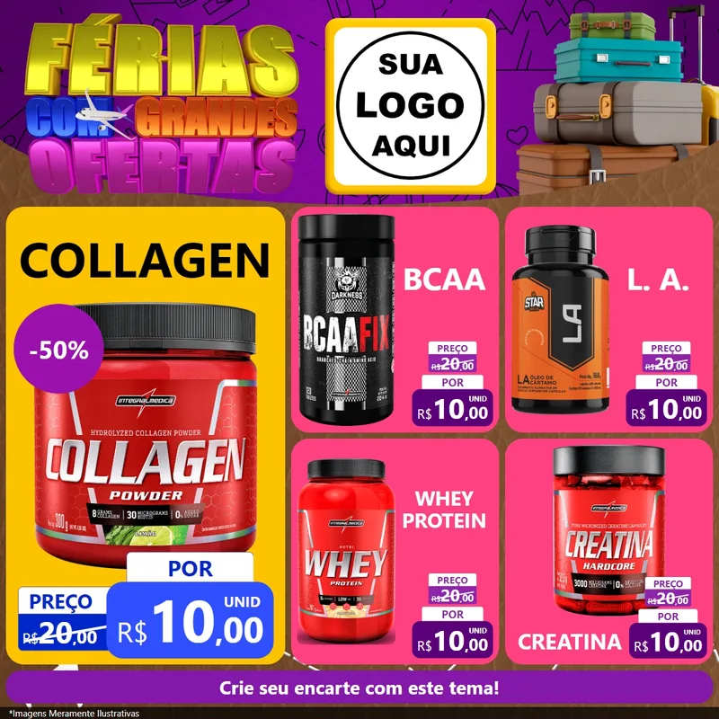 Modelo de Rede Social para Feed Facebook com o tema Férias com Grandes Ofertas para Suplementos alimentares