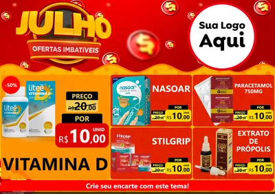 Modelo de Encarte para Encarte A4 Horizontal com o tema Julho Ofertas Imbatíveis para Farmácia
