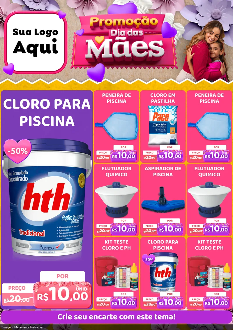 Modelo de Encarte para Encarte A4 Vertical com o tema Promoção Dia das Mães para Produtos para Piscina
