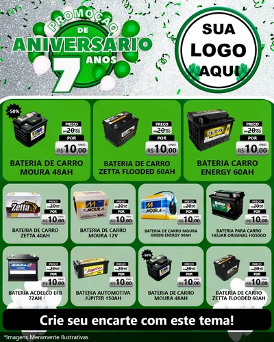 Modelo de Rede Social para Feed Instagram com o tema Promoção de Aniversário - 7 Anos para Baterias Elétricas