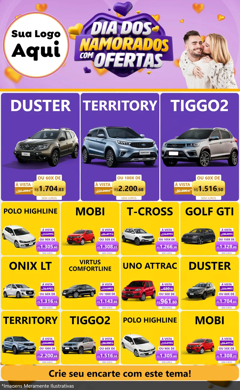 Modelo de Encarte para Encarte Grande com o tema Dia Dos Namorados Com Ofertas para Concessionaria de Carros