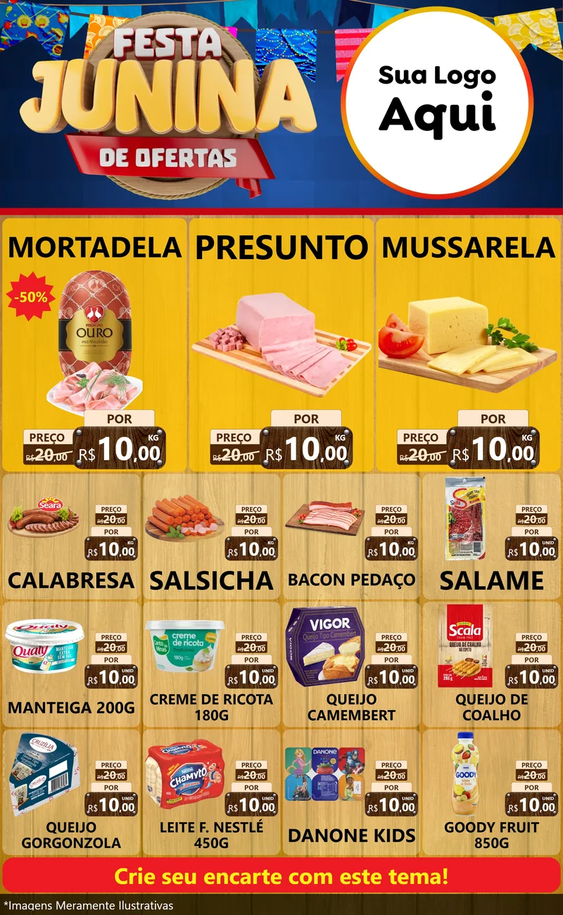 Modelo de Encarte para Encarte Grande com o tema Festa Junina de Ofertas para Frios e Laticínios