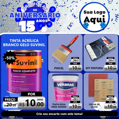 Modelo de Rede Social para Feed Facebook com o tema Promoção de Aniversário - 15 Anos para Tintas e Ferramentas