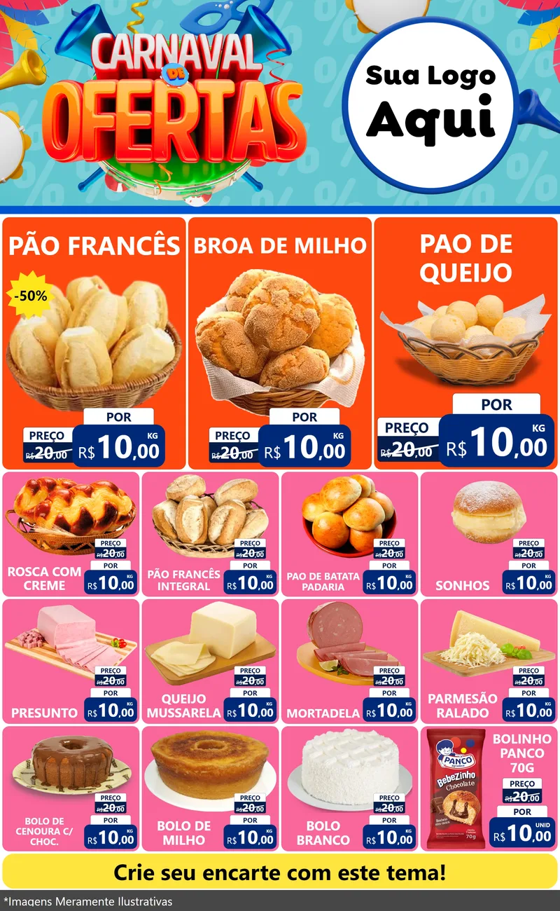 Modelo de Encarte para Encarte Grande com o tema Carnaval de Ofertas para Padaria