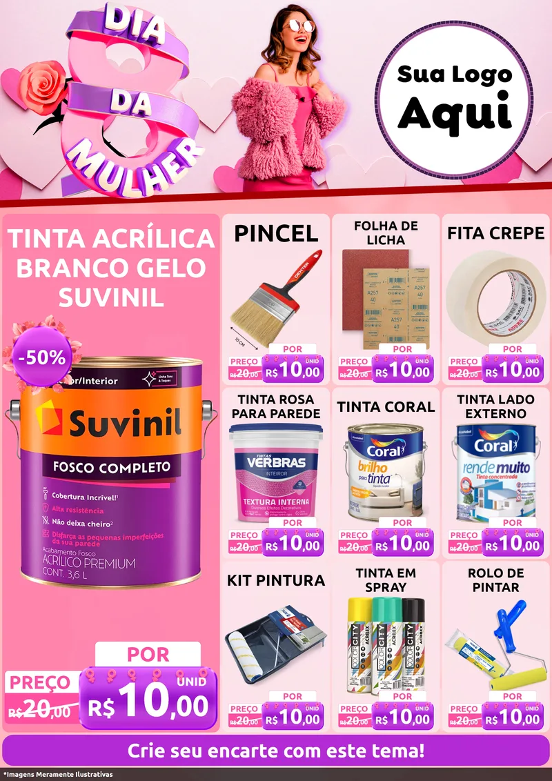 Modelo de Encarte para Encarte A4 Vertical com o tema Dia da Mulher para Tintas e Ferramentas