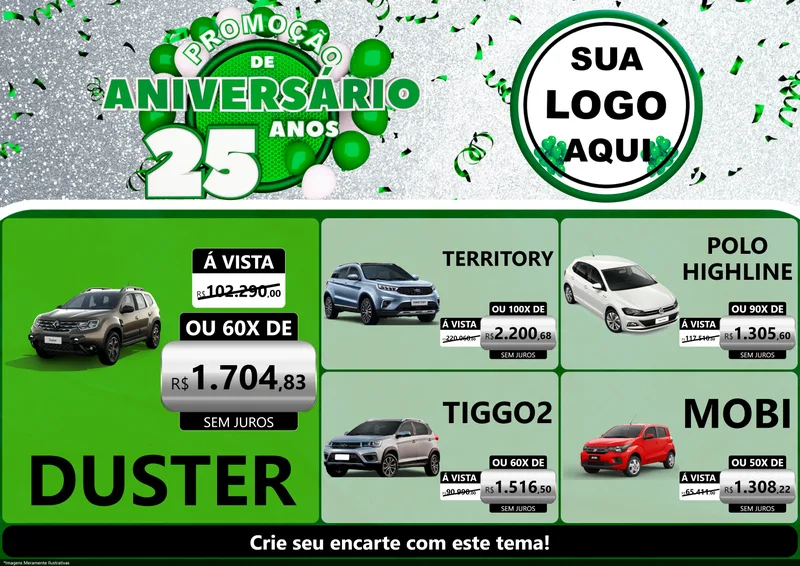 Modelo de Encarte para Encarte A4 Horizontal com o tema Promoção de Aniversário - 25 Anos para Concessionaria de Carros
