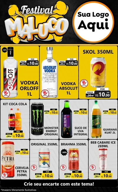Modelo de Encarte para Encarte Grande com o tema Festival Maluco para Distribuidora de bebidas