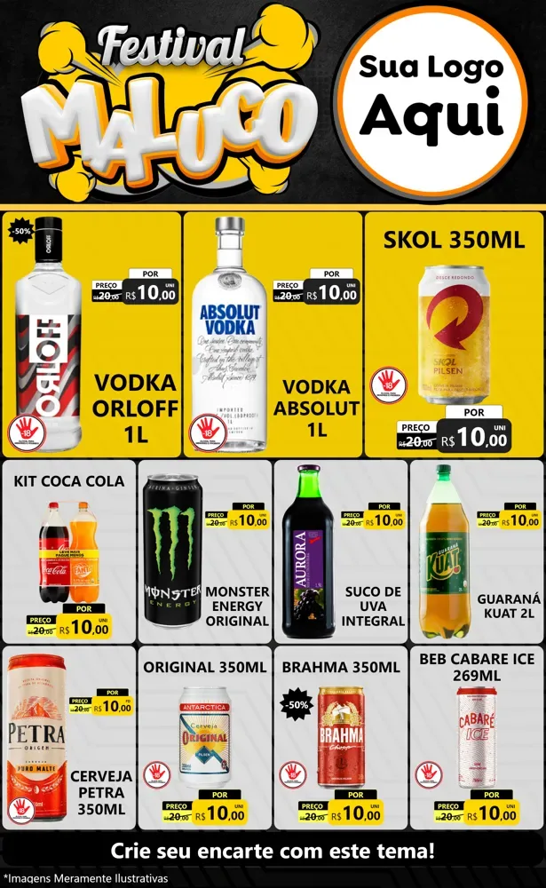 Modelo de Encarte para Encarte Grande com o tema Festival Maluco para Distribuidora de bebidas