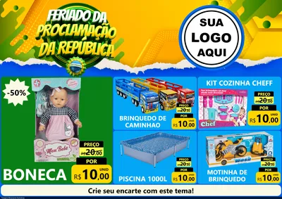 Modelo de Encarte para Encarte A4 Horizontal com o tema Feriado da Proclamação da República para Brinquedos