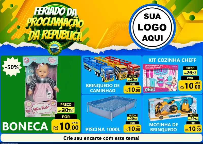 Modelo de Encarte para Encarte A4 Horizontal com o tema Feriado da Proclamação da República para Brinquedos