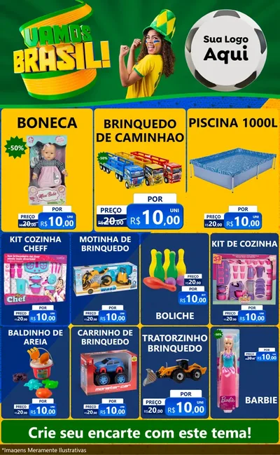 Modelo de Encarte para Encarte Grande com o tema Vamos Brasil - Copa para Brinquedos
