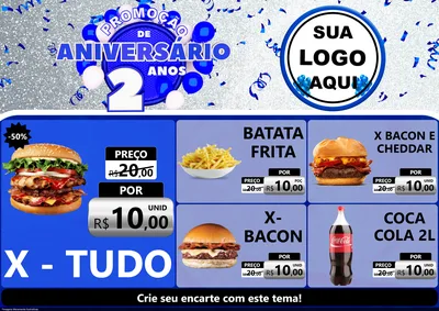 Modelo de Encarte para Encarte A4 Horizontal com o tema Promoção de Aniversário - 2 Anos para Hamburgueria