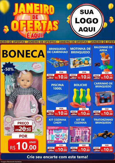 Modelo de Encarte para Encarte A4 Vertical com o tema Janeiro de Ofertas É Aqui! para Brinquedos