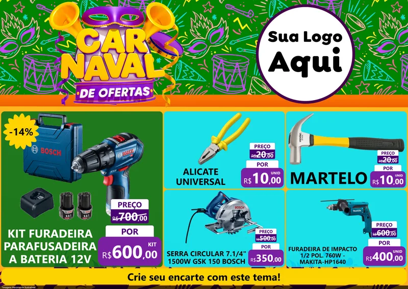 Modelo de Encarte para Encarte A4 Horizontal com o tema Carnaval de Ofertas para Maquinas e Ferramentas