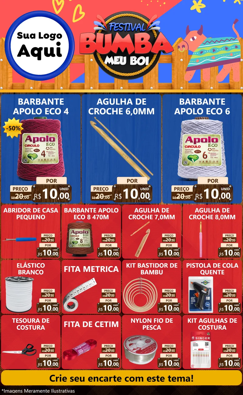 Modelo de Encarte para Encarte Grande com o tema Festival Bumba Meu Boi para Armarinho e Aviamentos