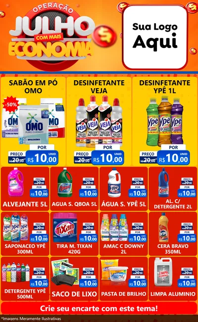 Modelo de Encarte para Encarte Grande com o tema Operação Julho Com Mais Economia para Produtos de Limpeza