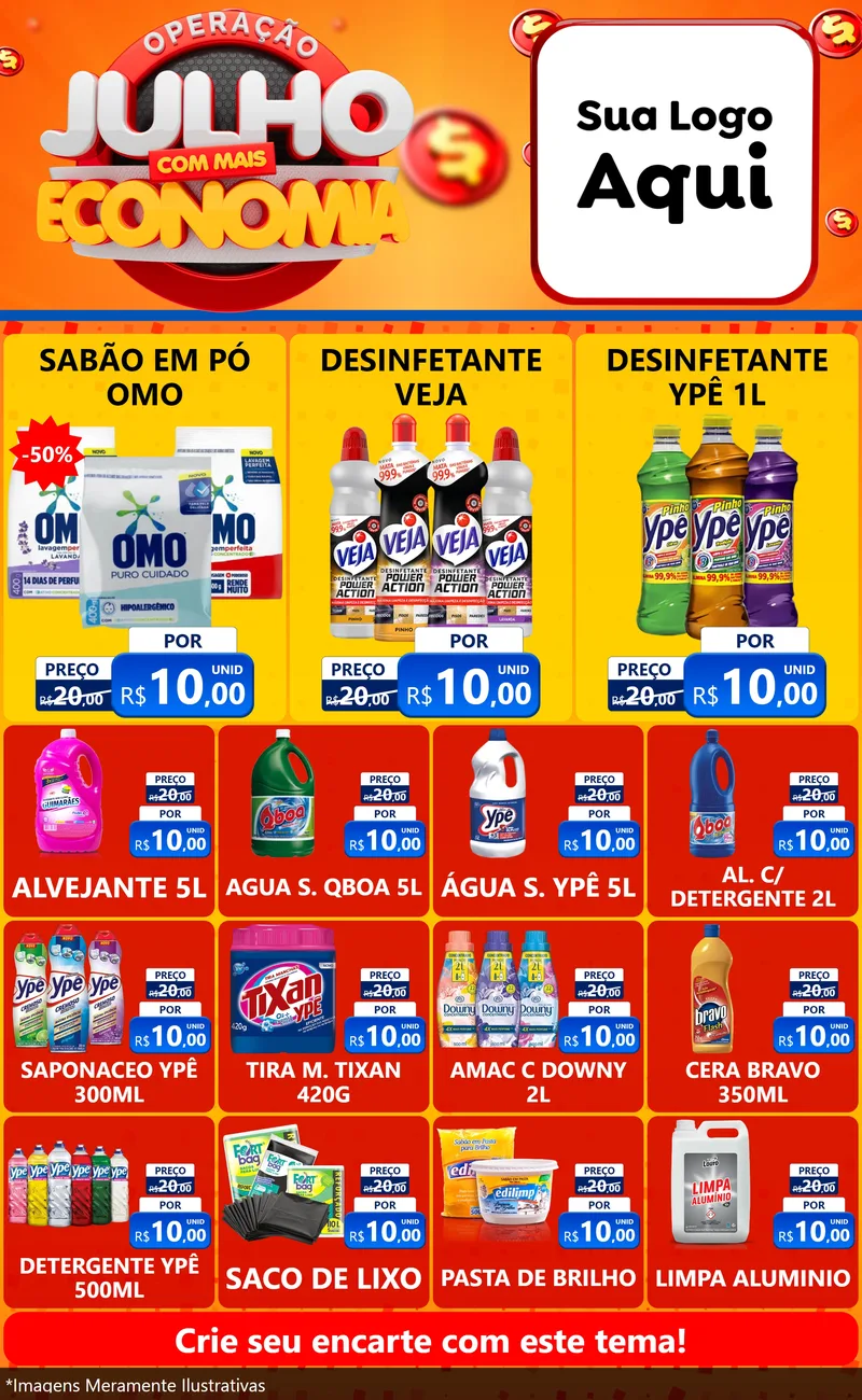 Modelo de Encarte para Encarte Grande com o tema Operação Julho Com Mais Economia para Produtos de Limpeza