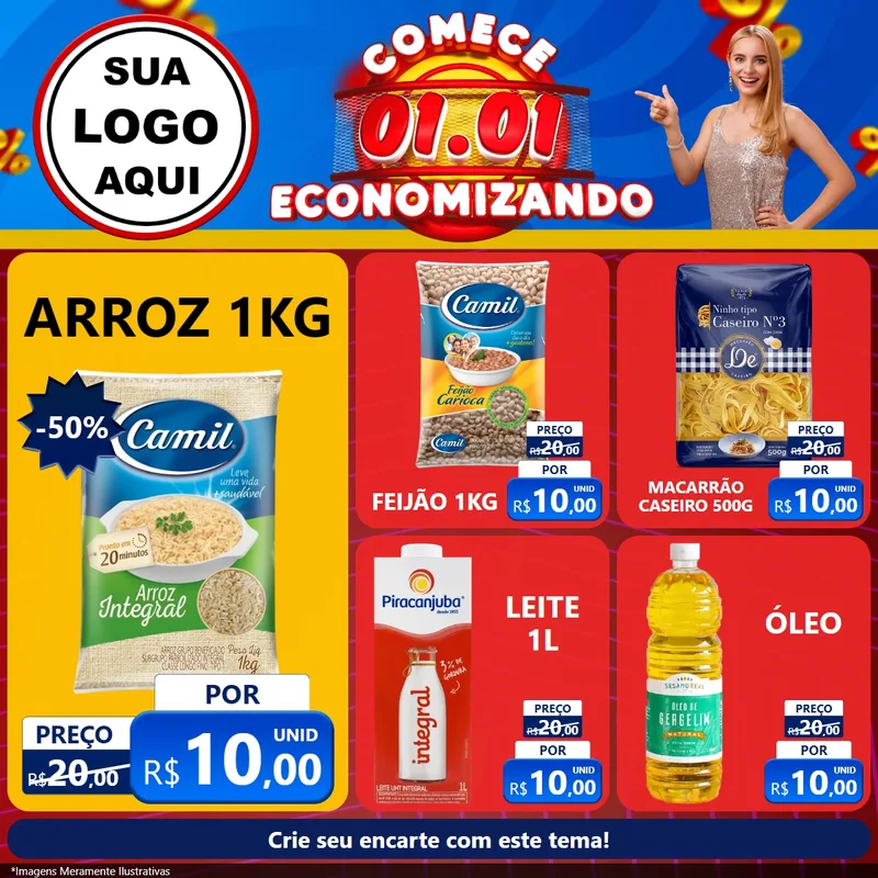 Modelo de Rede Social para Feed Facebook com o tema Comece 1º de Janeiro Economizando para Supermercado