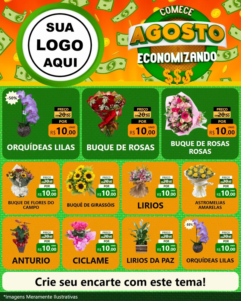 Modelo de Rede Social para Feed Instagram com o tema Comece Agosto Economizando para Floricultura e jardim