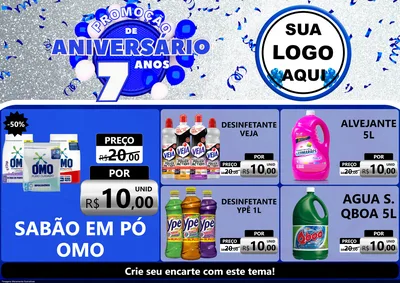 Modelo de Encarte para Encarte A4 Horizontal com o tema Promoção de Aniversário - 7 Anos para Produtos de Limpeza