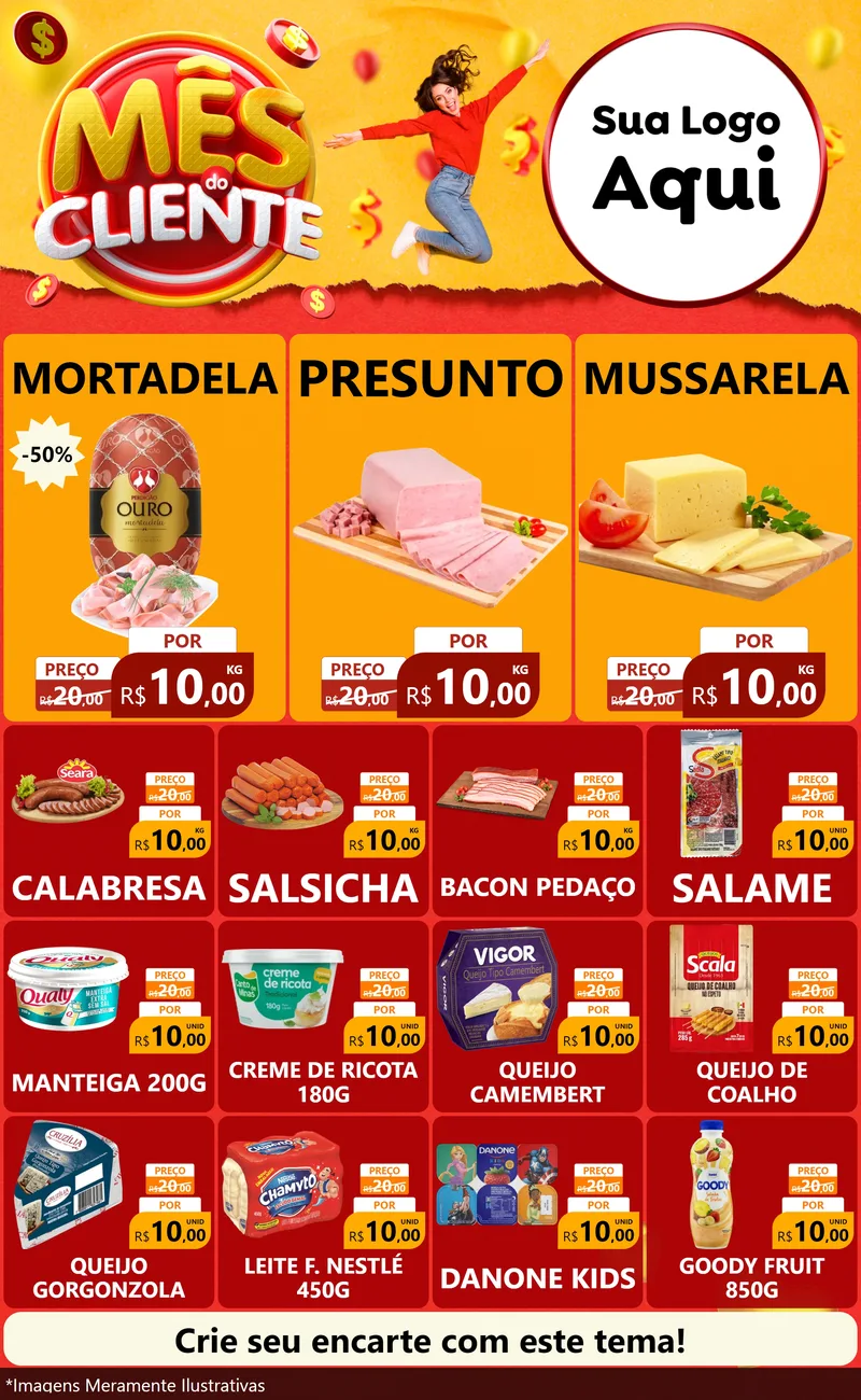 Modelo de Encarte para Encarte Grande com o tema Mês do Cliente para Frios e Laticínios