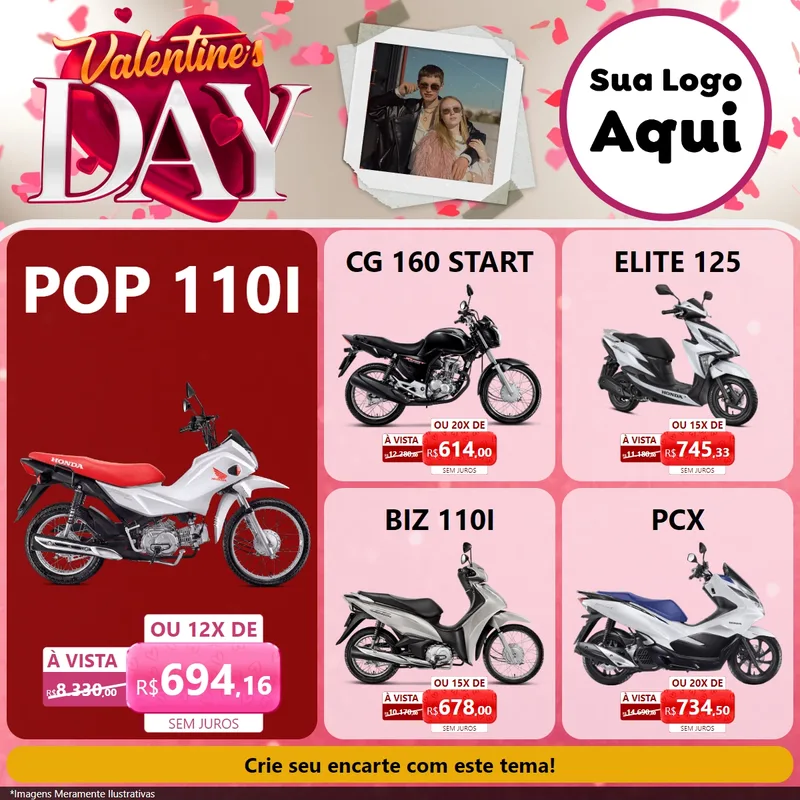 Modelo de Rede Social para Feed Facebook com o tema Valentine's Day para Concessionaria de Motos