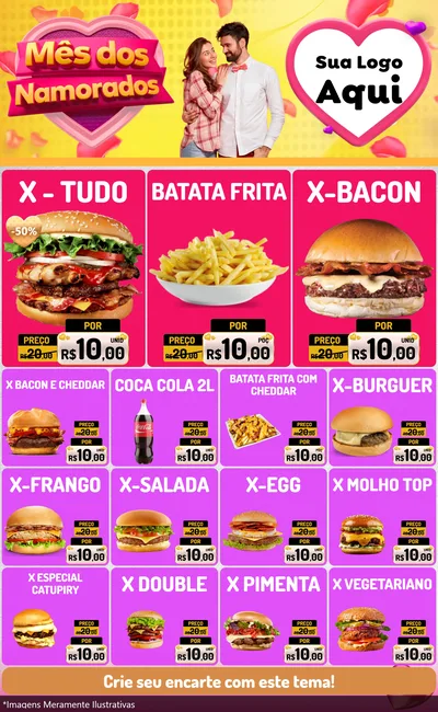 Modelo de Encarte para Encarte Grande com o tema Mês dos Namorados para Hamburgueria