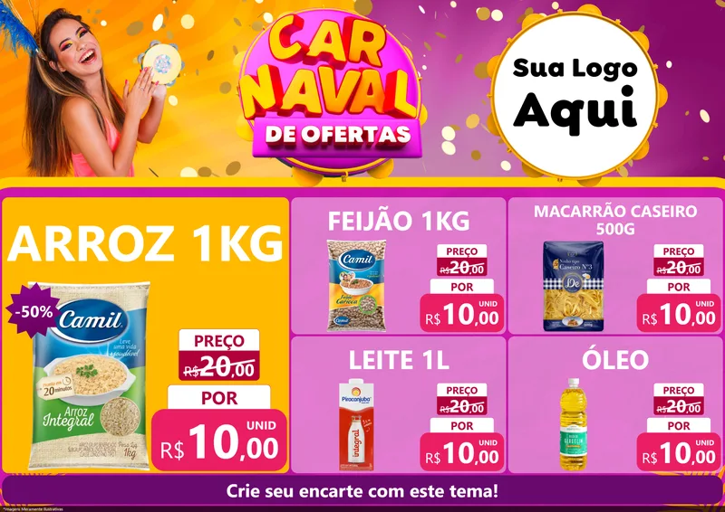 Modelo de Encarte para Encarte A4 Horizontal com o tema Carnaval de Ofertas para Supermercado