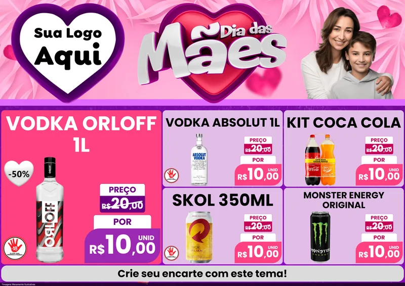 Modelo de Encarte para Encarte A4 Horizontal com o tema Dia das Mães para Distribuidora de bebidas