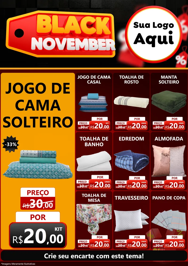 Modelo de Encarte para Encarte A4 Vertical com o tema Black November para Cama, Mesa e Banho