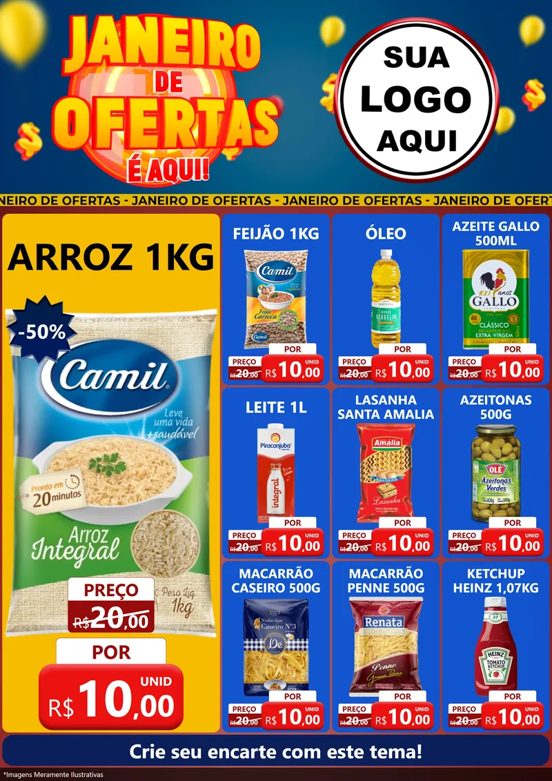 Modelo de Encarte para Encarte A4 Vertical com o tema Janeiro de Ofertas É Aqui! para Supermercado