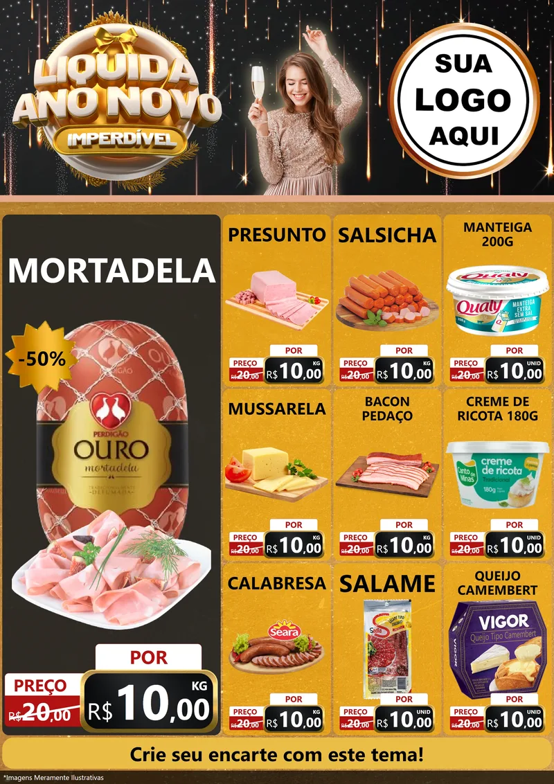 Modelo de Encarte para Encarte A4 Vertical com o tema Liquida Ano Novo Imperdível para Frios e Laticínios