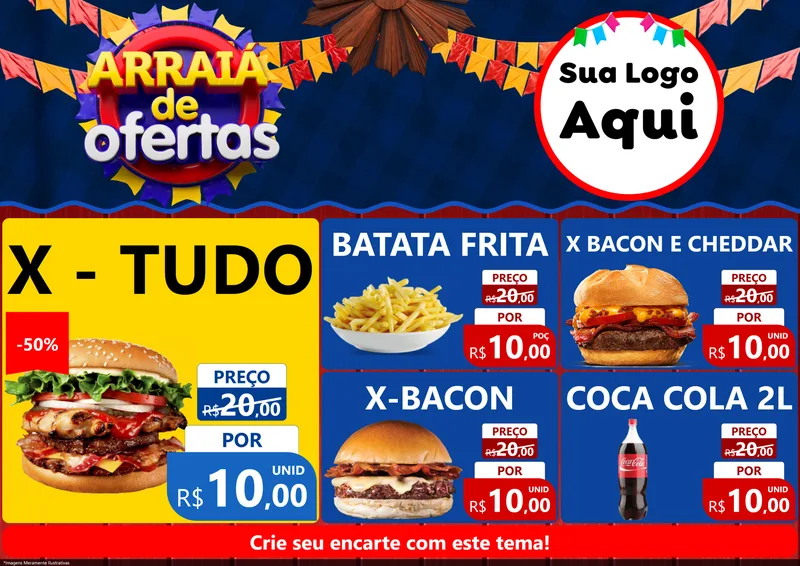Modelo de Encarte para Encarte A4 Horizontal com o tema Arraiá de Ofertas para Hamburgueria