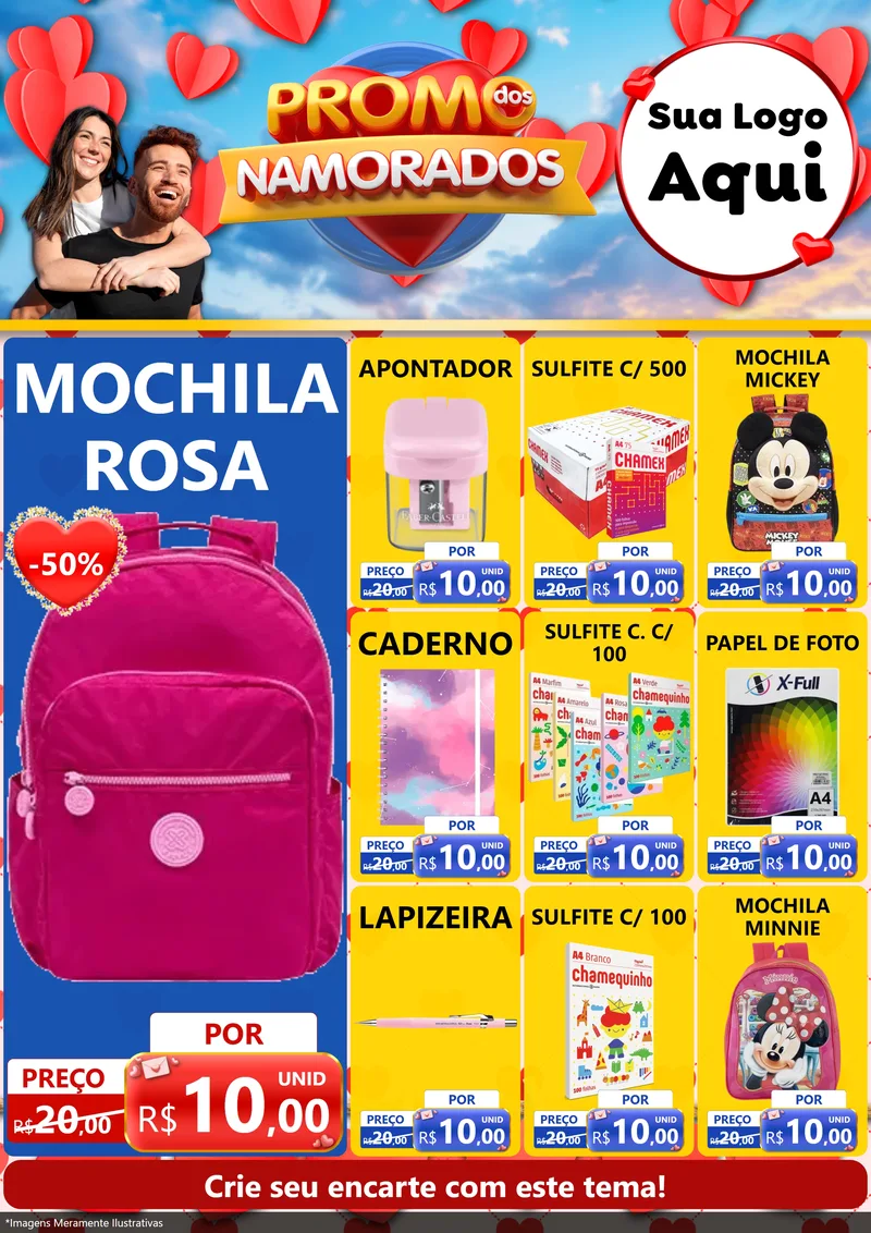 Modelo de Encarte para Encarte A4 Vertical com o tema Promo dos Namorados para Papelaria