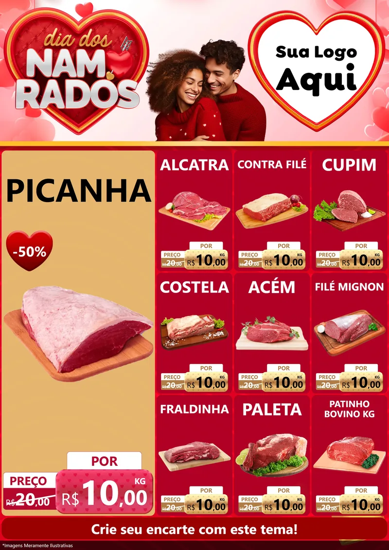 Modelo de Encarte para Encarte A4 Vertical com o tema Dia dos Namorados para Açougue