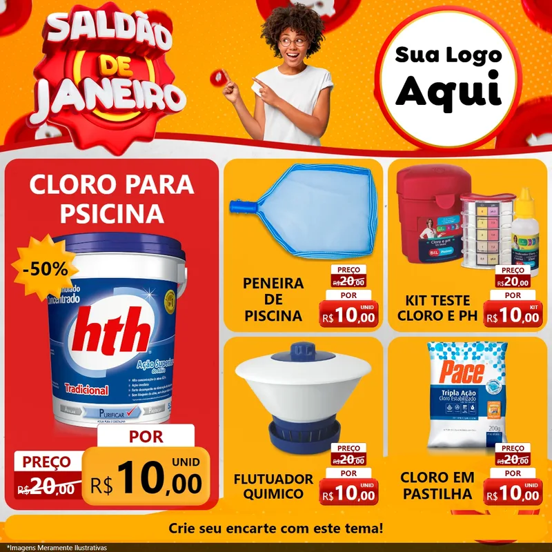 Modelo de Rede Social para Feed Facebook com o tema Saldão de Janeiro para Produtos para Piscina