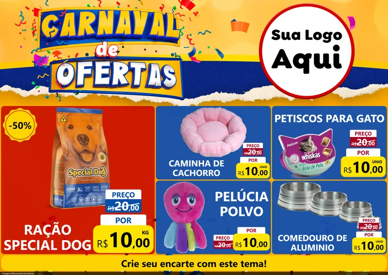 Modelo de Encarte para Encarte A4 Horizontal com o tema Carnaval de Ofertas para Pet Shop