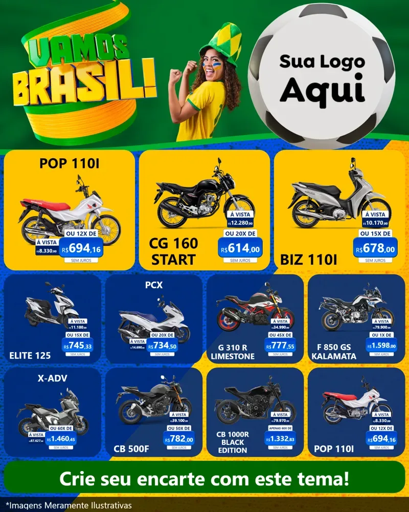 Modelo de Rede Social para Feed Instagram com o tema Vamos Brasil - Copa para Concessionaria de Motos