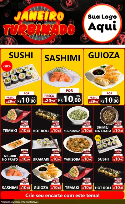 Modelo de Encarte para Encarte Grande com o tema Janeiro Turbinado para Comida japonesa