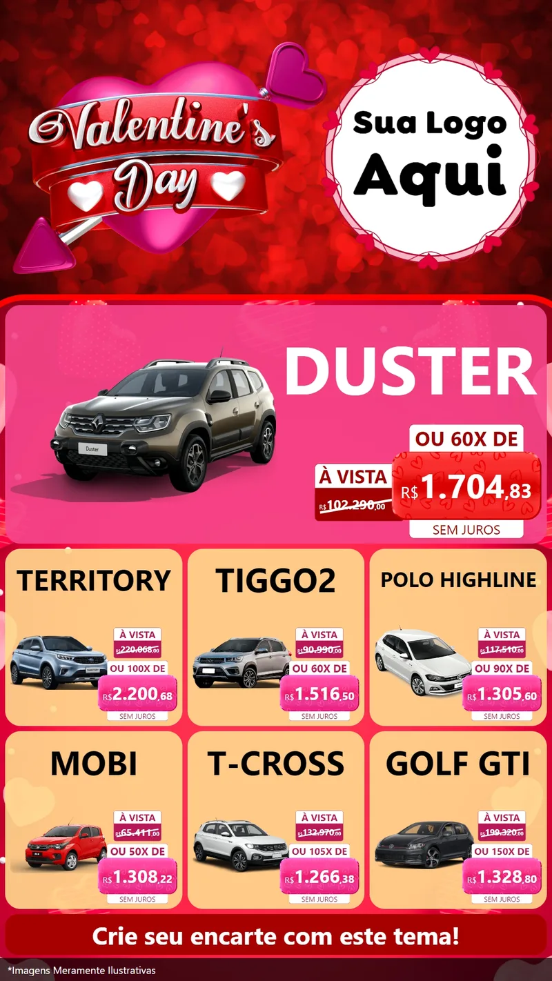 Modelo de Rede Social para Stories com o tema Valentine's Day para Concessionaria de Carros