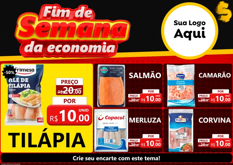 Modelo de Encarte para Encarte A4 Horizontal com o tema Fim de Semana da Economia para Peixaria