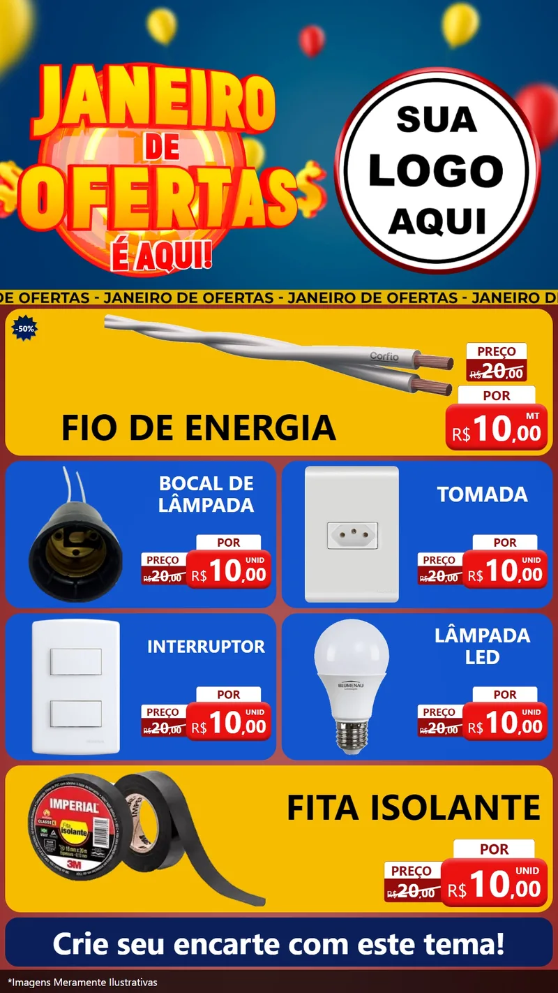 Modelo de TV para TV Vertical com o tema Janeiro de Ofertas É Aqui! para Materiais Elétricos