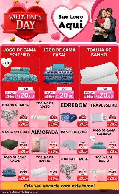 Modelo de Encarte para Encarte Grande com o tema Valentine's Day para Cama, Mesa e Banho