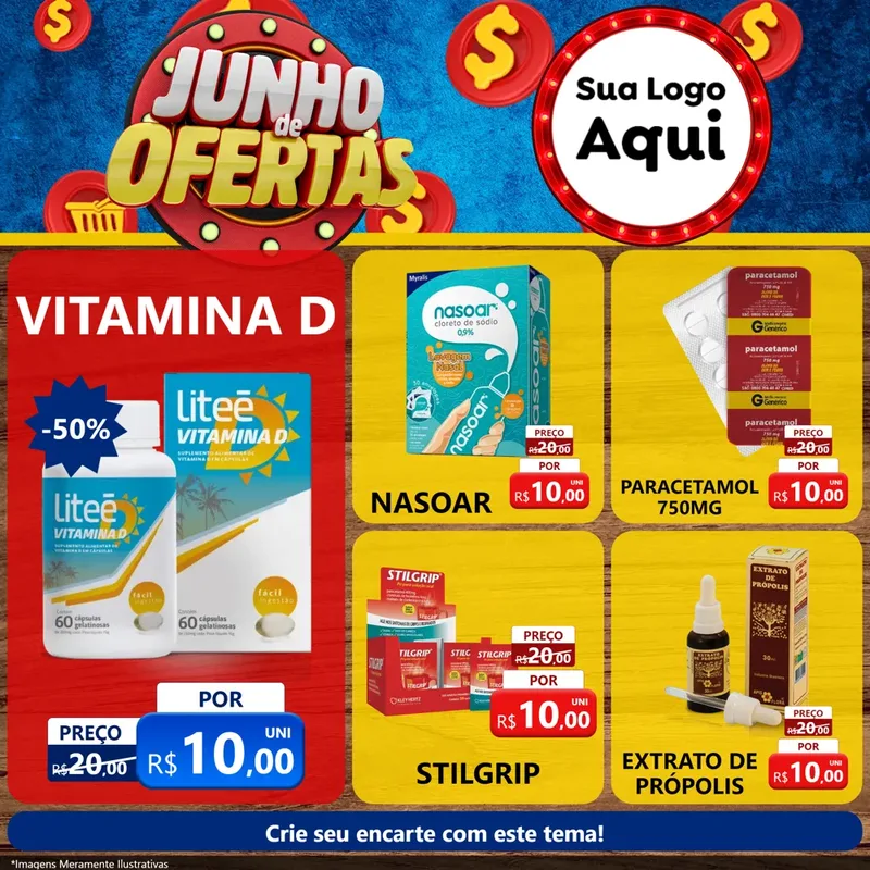 Modelo de Rede Social para Feed Facebook com o tema Junho de Ofertas para Farmácia