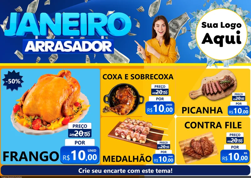 Modelo de Encarte para Encarte A4 Horizontal com o tema Janeiro Arrasador para Assados