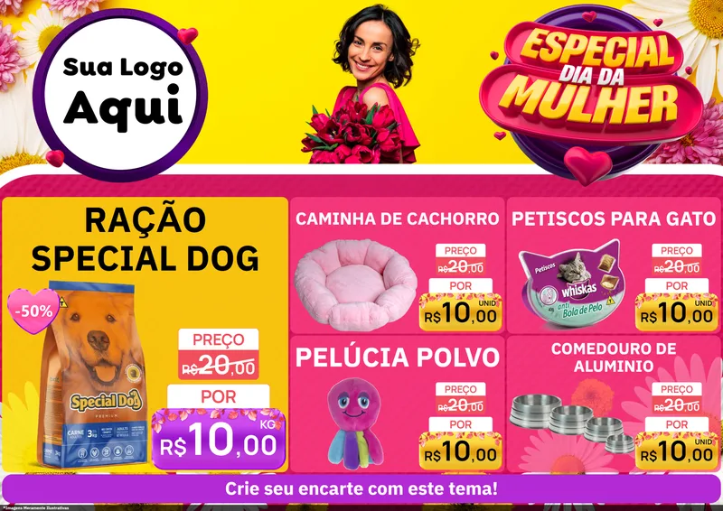 Modelo de Encarte para Encarte A4 Horizontal com o tema Especial Dia da Mulher para Pet Shop