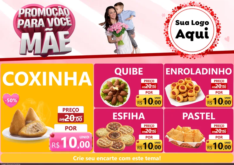 Modelo de Encarte para Encarte A4 Horizontal com o tema Promoção Para Você Mãe para Salgadaria